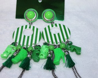 Green shoe lover earrings;Wooden dangle earrings;Diva earrings;Oversized earrings;OOAK earrings;Shoulder earrings;Pierced fashion earrings