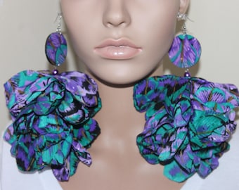 Multicolor Fabric Flower Petal Dangle Earrings | Big Statement Earrings | Pierced or Clip-On