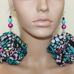 Multicolor fabric flower petal earrings| Long dangle earrings| Unique earrings| Big lightweight earrings| Chic style earrings