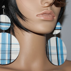 Blue plaid print fabric earrings available in pierced or clip-on