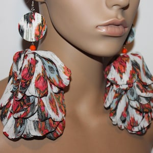 Multicolor fabric flower petal earrings| Long dangle earrings| Unique earrings| Big lightweight earrings| Chic style earrings