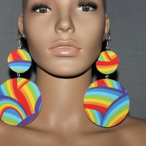 Rainbow print fabric earrings| Colorful earrings| Diva earrings| BIG statement earrings| Wooden earrings| Clip-on earrings| Pride earrings