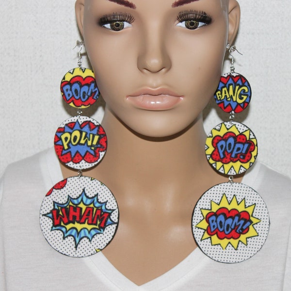 Comic book word earrings;Superhero earrings;Statement earrings;Pop Art earrings;Big earrings;Diva earrings;Pierced fashion earrings