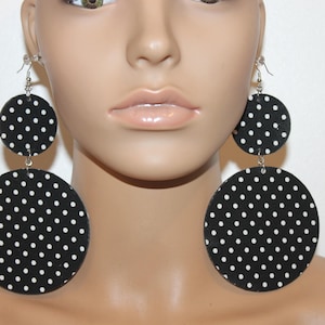 Black & White polka dot print fabric earrings| Fabric earrings| Wooden earrings| Diva earrings| BIG earrings| Pierced or clip-on earrings