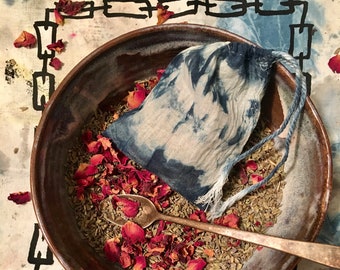 INDIGO DREAM SACHET ~ Indigo plant dyed cotton sachet with lavender, mugwort and rose - add essential oils if desired - Ancestral dreamwork