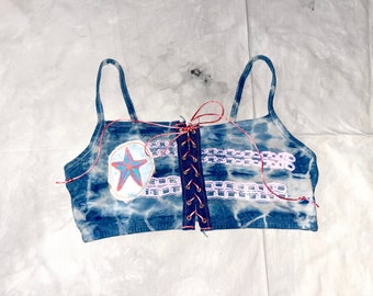 INDIGO STAR CORSET Bralette - size 38/40 bust - indigo dyed stretch cotton bra w lace up details, chain print + star patch
