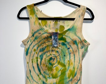 BONDAGE SPIRAL TANK - size L/xL - Ribbed cotton tank with polished brass bondage ring + indigo neck detail - handpainted green spiral design