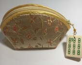 9 Bam MAH JONGG Cream floral Fortune Cookie silk coin purse penny. Zippered. Vintage wood tile. Czech glass beads. Bet. Play. Mahj