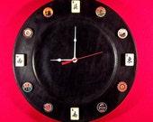 Madame Mahj s 13-inch Ltd Ed, MAH JONGG Time Wall Clock. Black wood, vintage luggage tags, 20s Bone-Bamboo North East South West wind tiles.