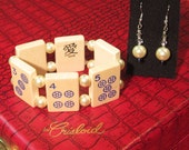 MAH JONGG Bracelet and Earrings. Upcycled colorful 1960s vintage wood tiles. Czech foiled glass beads, glass pearls. Gift. Wear. Enjoy