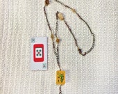 Eyeglass Chain or Necklace with vintage MAH JONGG Bakelite 2 flower tile. Tri-color chains, metal, glass, gemstone and crystal beads. 5 Dot
