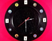 Madame Mahj s MAH JONGG Time Ltd Ed 13 quot Wall Clock Black wood Vintage luggage tags. North, East, West South wind 60s Cardinal tiles W-0230
