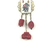 Miriam Haskell meet Madame Mahj Vintage 60s MAH JONGG Royal Longevity God tile filigree brooch. Dangling red coral Czech glass beads. 13