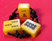Chinese Bakelite amber resin thick MAH JONGG tile bracelet. Three chunky 30s vintage mango tiles. Black glass, round and faceted beads.
