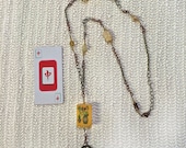 EYEGLASS CHAIN or Necklace. Vintage Bakelite Mah Jongg 3 Flower tile. Brass spacers chains. Agate, swirled resin, Czech glass, seed beads