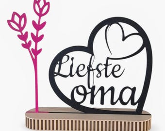 Dearest Grandma Heart Decoration on Stand | Gift for Grandma | 3D Printed Heart with Flower | Choice of 36 Colors