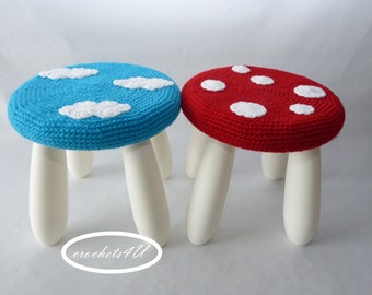 crochet pattern stool cozy, crocheted cozy, IKEA stool, clouds, mushroom, nursery, crochet decorations, stool cover