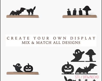 Halloween STL Set | 6 Interchangeable Figures for Display Holder | Ghost, Pumpkin, Bat, Cat & More | 3D Print File