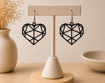 3D Printed Heart Earrings | Modern Geometric Heart Earrings | Antique Silver Stainless Steel Ear Hooks | 36 Colors