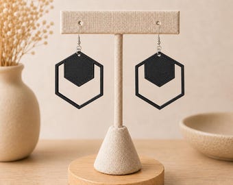3D Printed Hexagon Earrings | Modern Geometric Earrings | Antique Silver Stainless Steel Ear Hooks | 36 Colors