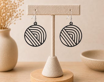 3D Printed Round Geometric Earrings | Abstract Line Design | Antique Silver Stainless Steel Ear Hooks | 36 Colors