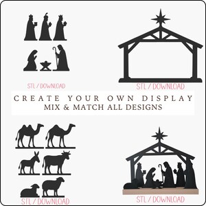Op de afbeelding: Een verzameling digitale bestanden in zwarte silhouet voor een kerststal, inclusief de drie wijzen, de heilige familie, een stal met een ster, kamelen en boerderijdieren. De tekst luidt CREATE YOUR OWN DISPLAY MIX & MATCH ALL DESIGNS.