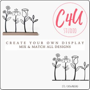 Könnte beinhalten: Ein Blumenständer aus schwarzem Metall mit vier verschiedenen botanischen Silhouetten auf einem rechteckigen Sockel. Das Bild enthält den Text C4U STUDIO, CREATE YOUR OWN DISPLAY MIX & MATCH ALL DESIGNS und STL / DOWNLOAD in Schwarz und Pink.