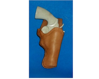 May include: A brown leather holster with a white handgun inside. The holster has a stitched design and is on a blue background.