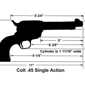 Op de afbeelding: Een zwart-witte lijntekening van een Colt .45 Single Action revolver met afmetingen in inches. De tekening toont de totale lengte, hoogte en breedte van het wapen.