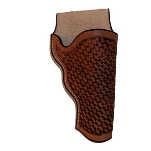 May include: A brown leather holster with a woven pattern. The holster has a suede lining and black stitching detail.