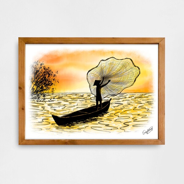 Digital Download (personal use only) Watercolour Illustration signed- Vietnamese fisherman throwing a net into the waters- by Emily Hocking