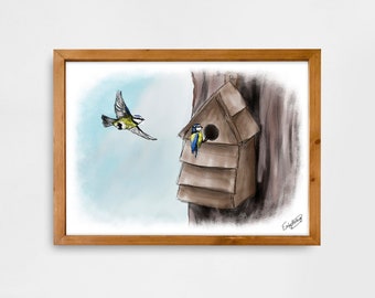 Aquarelle Illustration de la faune A5/A4 Art Wall Print pour maison de campagne- Mésanges bleues trouvant une maison- par Emily Hocking Art- New Home Gift