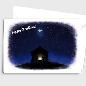 Feliz Navidad, Tarjeta Religiosa/Natividad, Ilustración en acuarela de 'La estrella sobre el establo' - por Emily Hocking Art