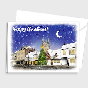 Joyeux Noël, Nuit, ville rurale enneigée, carte d'illustration à l'aquarelle de « Noël à Tenterden » - par Emily Hocking Art