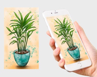 Téléchargement numérique (usage personnel uniquement) Fond d’écran de téléphone d’illustration botanique à l’aquarelle - Plante Kentia Palm House - par Emily Hocking