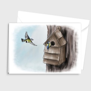 Illustration de la faune aquarelle Carte de vœux - Seins bleus trouvant une maison - par Emily Hocking Art - Nouvelle maison