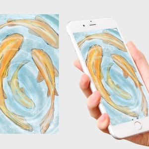 May include: A digital illustration of five orange goldfish swimming in a circle against a blue and white watercolor background. The image is a phone wallpaper.