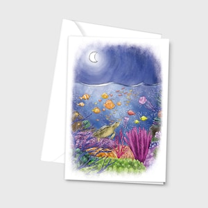 Cartão colorido da ilustração da vida marinha em aquarela - O que é vida sob o mar? - por Emily Hocking Art