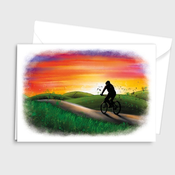 Watercolour colourful illustration Greeting Card- Cyclist Cycling over a hill at sunset- by Emily Hocking Art