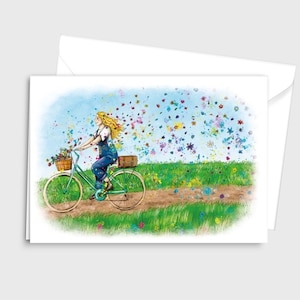 Illustration colorée à l'aquarelle Carte de vœux - Cyclisme avec un panier de fleurs sur un vélo turquoise - par Emily Hocking Art