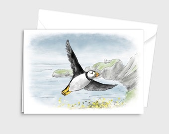 Carte de voeux A5 Illustration aquarelle de la faune - Macareux moine survolant l'île de Lundy - par Emily Hocking Art