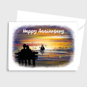 Aquarel kleurrijke illustratie Happy Anniversary wenskaart-paar zat op de kade kijken naar zonsondergang met boot- door Emily Hocking Art