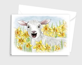 Carte de vœux illustration aquarelle Farmyard - Un agneau heureux dans les jonquilles - par Emily Hocking Art