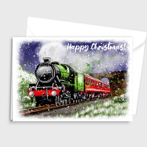 Vrolijk kerstfeest, aquarel kleurrijke illustratie wenskaart-stoomtrein die door de brug komt op een besneeuwde nacht- door Emily Hocking Art