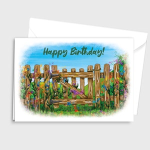 Illustration colorée à l'aquarelle Carte de vœux joyeux anniversaire - Porte de jardin avec fleurs de printemps/été/automne - par Emily Hocking Art
