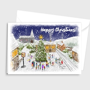 Fijne kerst, nacht, besneeuwd, feestelijk, kaart, 'De kerstverlichting inschakelen in het dorp'- door Emily Hocking Art
