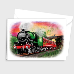 Ilustración colorida acuarela Tarjeta de felicitación- Tren de vapor pasando por el puente al atardecer- por Emily Hocking Art