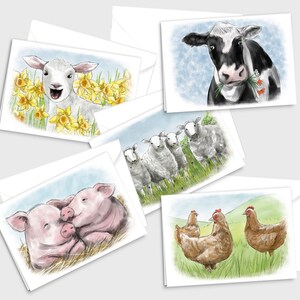 Set of 5 Watercolour Farmyard illustration Greeting Cards - Sheep, Lamb, Cow, Piglets and Chickens- by Emily Hocking Art