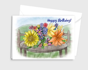 Illustration colorée à l'aquarelle, carte de vœux A6 « Joyeux anniversaire » - Fleurs des saisons - par Emily Hocking Art