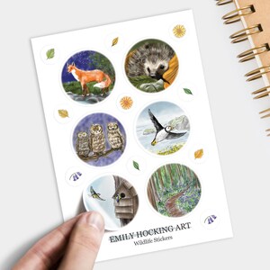 Ilustracja akwarelowa, A6 Arkusz naklejek z motywem dzikiej przyrody - jeże, sikorki modre, maskonury, sowy i lisy do planerów, notatników autorstwa Emily Hocking Art